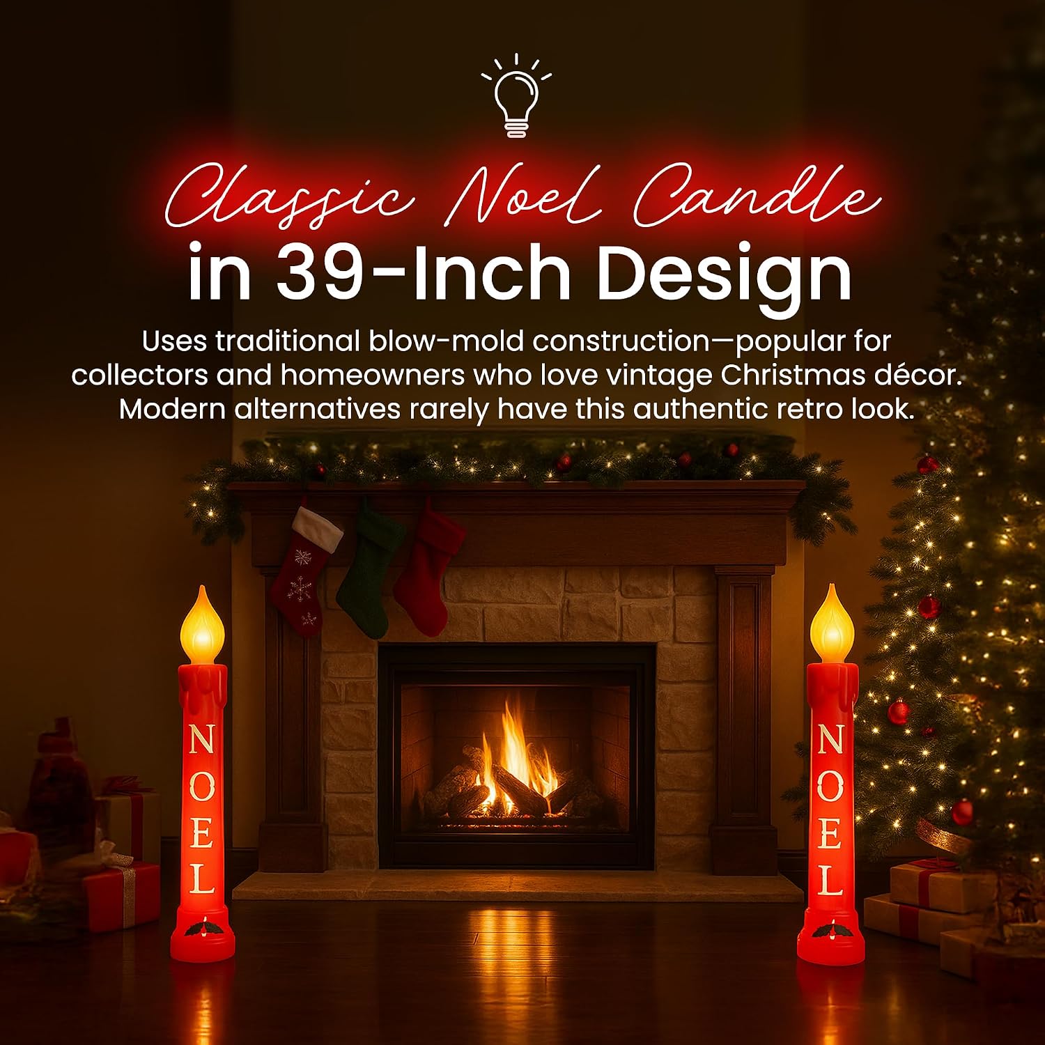 Union Products Blow Molded 39 Inches Plastic Realistic Lighted Noel Illuminated Candle with Electric Cord and Light Included, Red
