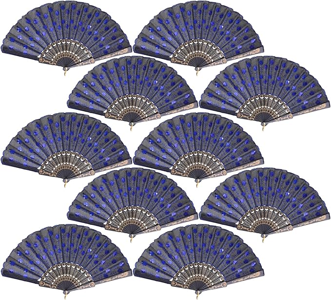 QIRMIZI 10 Pack Fabric Folding Handheld Fans, Perfect for Weddings, Parties, and Dancing,Royal Blue