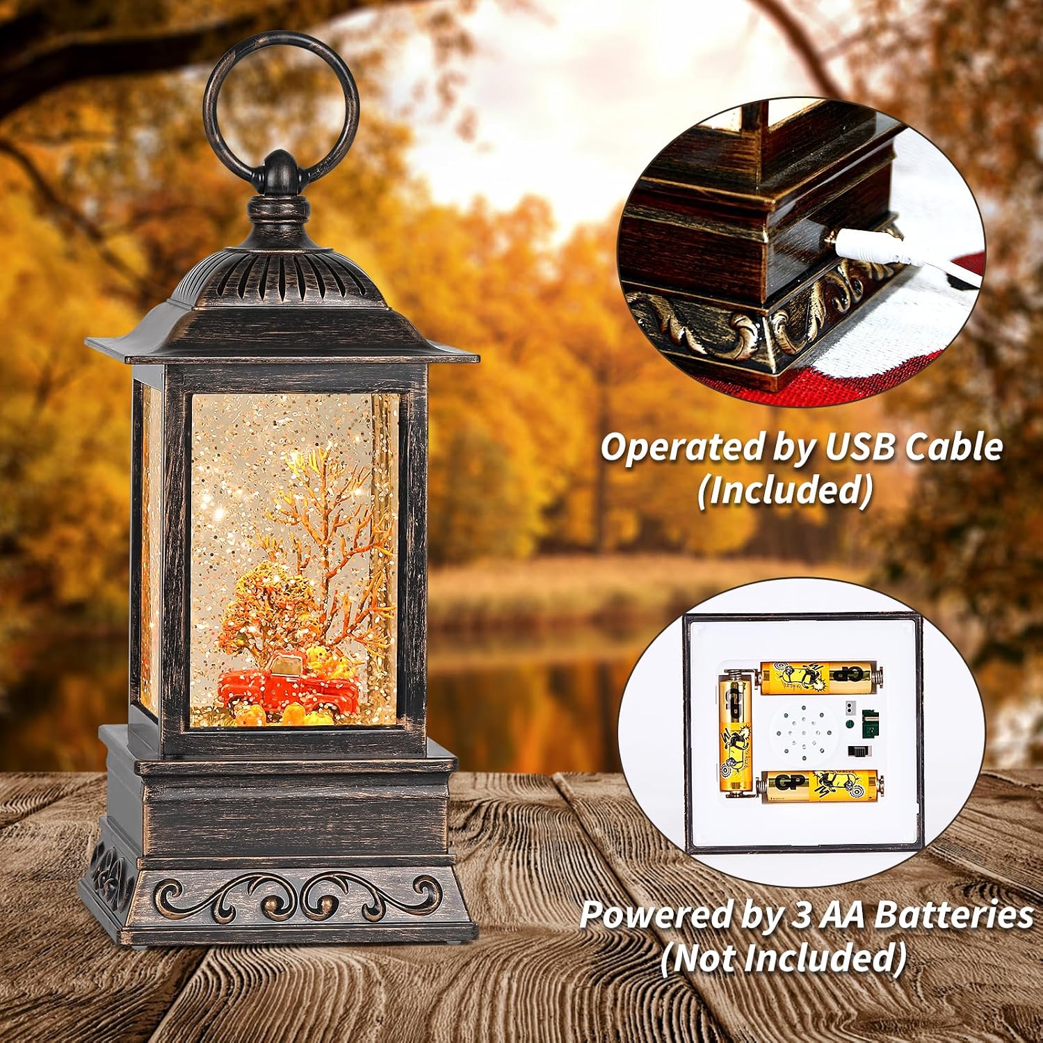 Fall Snow Globe Decorations, Glitter Red Truck Lantern with 6H Timer, USB/Battery Powered Lighted Décor for Home, Tabletop, Gift Box
