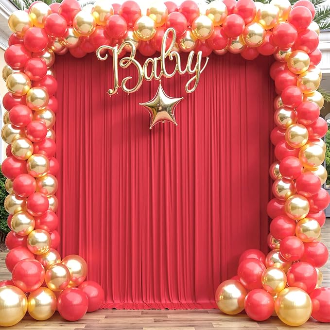 30×14ft Wrinkle Free Red Backdrop Curtain for Wedding Parties,6 Panels 5×14ft Height Soft Silky Polyester Backdrop Drapes Red Photo Back Ddrop Curtains for Event Photography Christmas Background Cloth