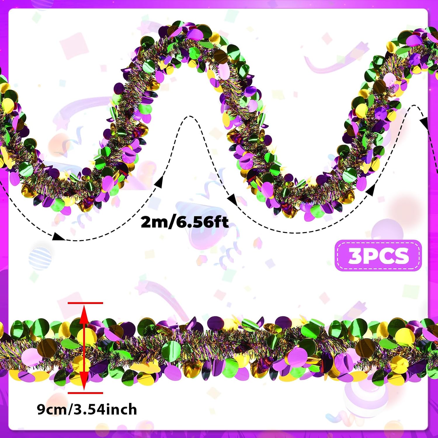 MARFOREVER Mardi Gras Tinsel Garland Mardi Gras Decorations Purple Green Gold Metallic Twist Garlands Carnival Hanging Ornament for Carnival Party Indoor Outdoor Home Supplies Decor, 3 Pcs 19.7 FT