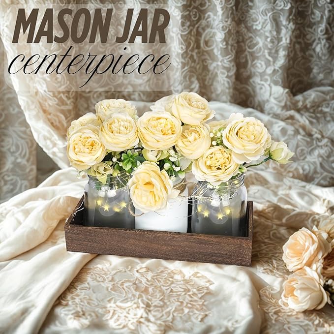 Champagne Floral Mason Jars for Centerpieces – Rustic Table Centerpiece Decorations with Lights & Tray – Wedding Centerpieces for Tables, Dining Room, Party or Reception Decor Kitchen Counter