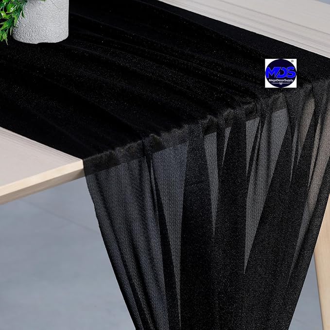 MDS 25 Pack 10ft Chiffon Table Runner 29 x 120 Inches Sheer Wedding Runner Romantic Rustic Table Runner for Wedding Decorations, Birthday Parties, Bridal Shower Party Arch Decor - Black