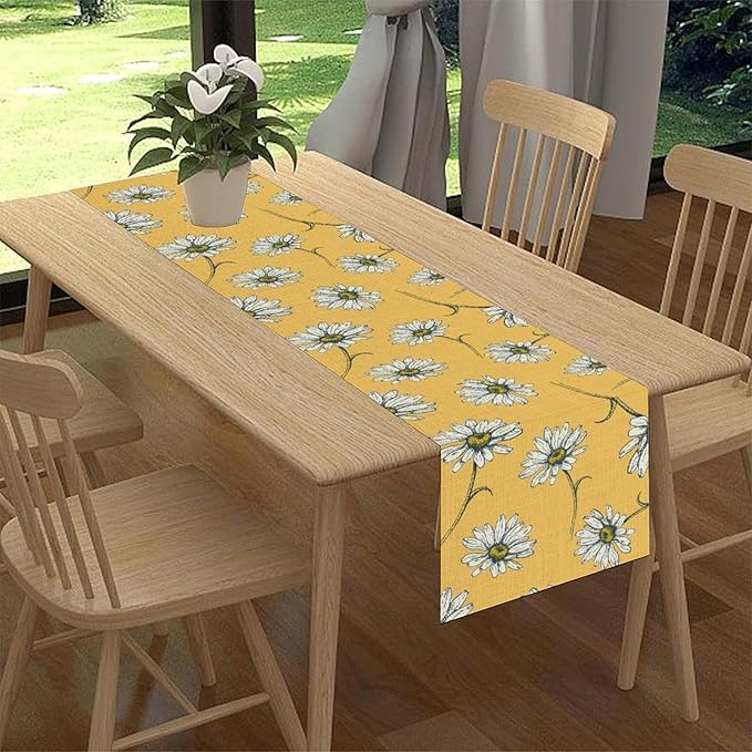 Farmhouse Floral Table Runner, Spring Seasonal Daisy Flower Retro Wooden Country Table Center Decor for Home Kitchen Dining Patio Holiday Party Indoor Outdoor Table Decorations, 13"x90" Inch