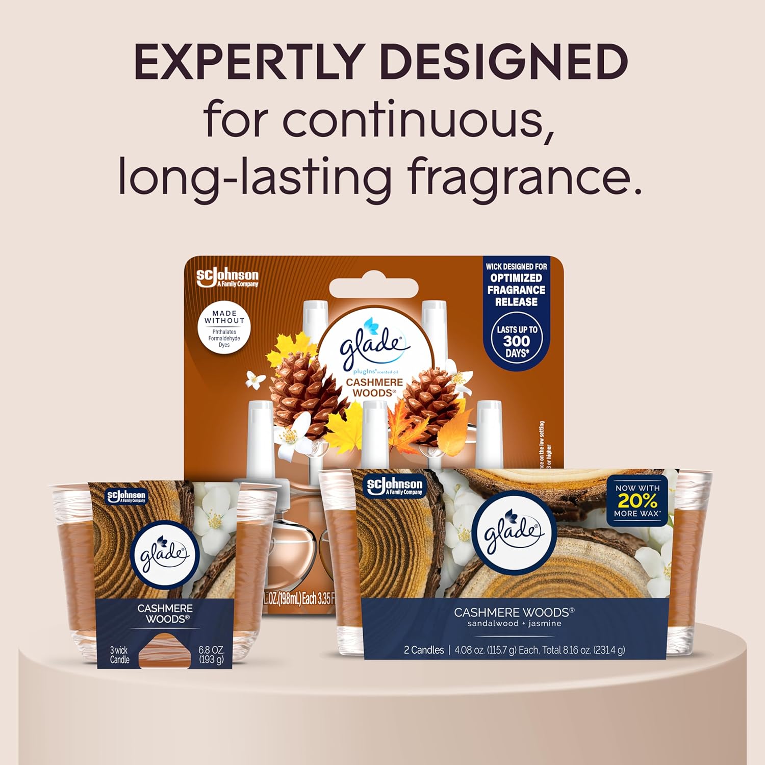 Glade Candle Cashmere Woods, Fragrance Candle Infused with Essential Oils, Air Freshener, 3-Wick Candle, 6.8 Oz, 3 Count