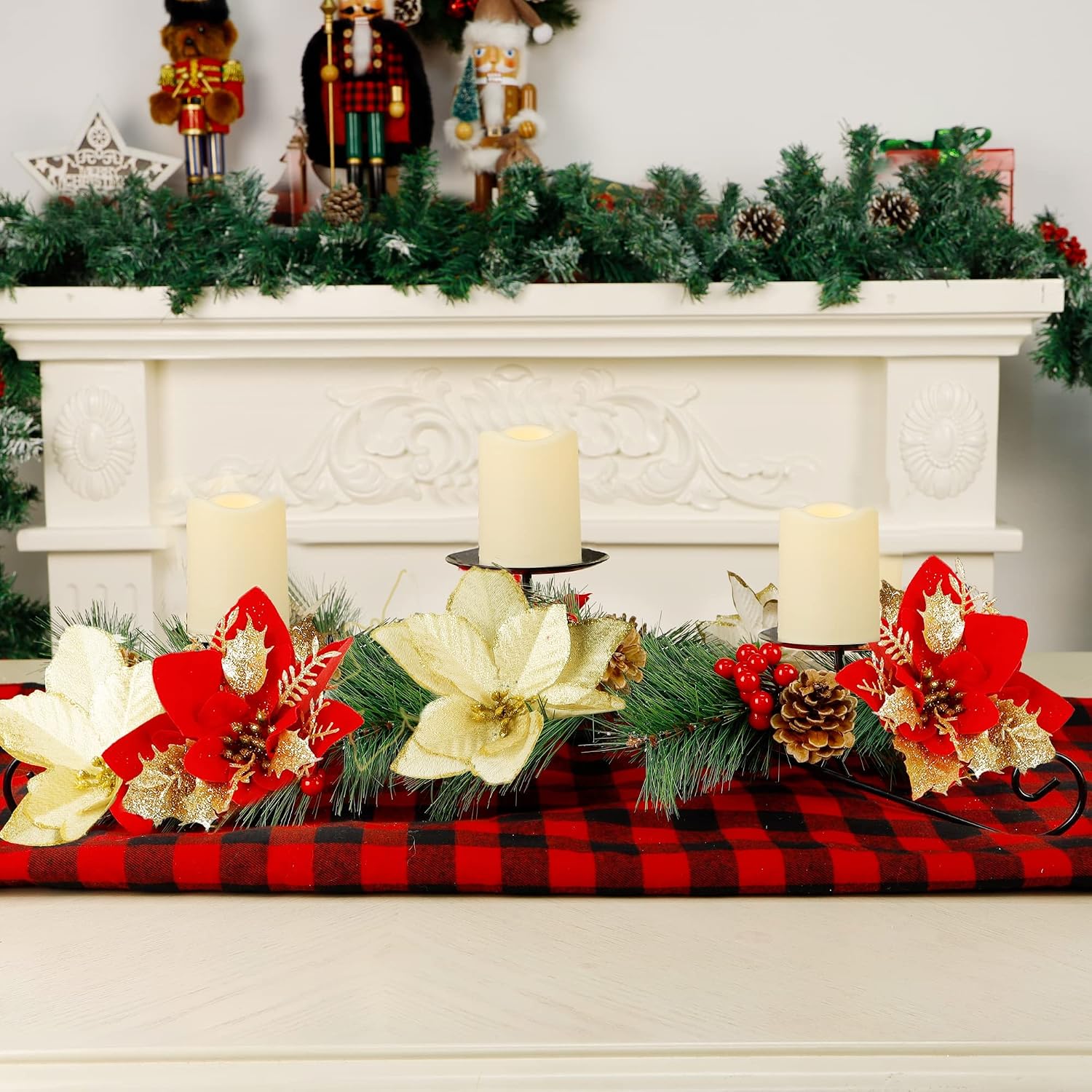 Joliyoou Christmas Tabletop Centerpieces, 17.5" L Christmas Poinsettia Candle Holder with 3 Battery Operated Light Up Candle Lights, Metal Candelabrum for Xmas Holiday Table Mantel Decoration