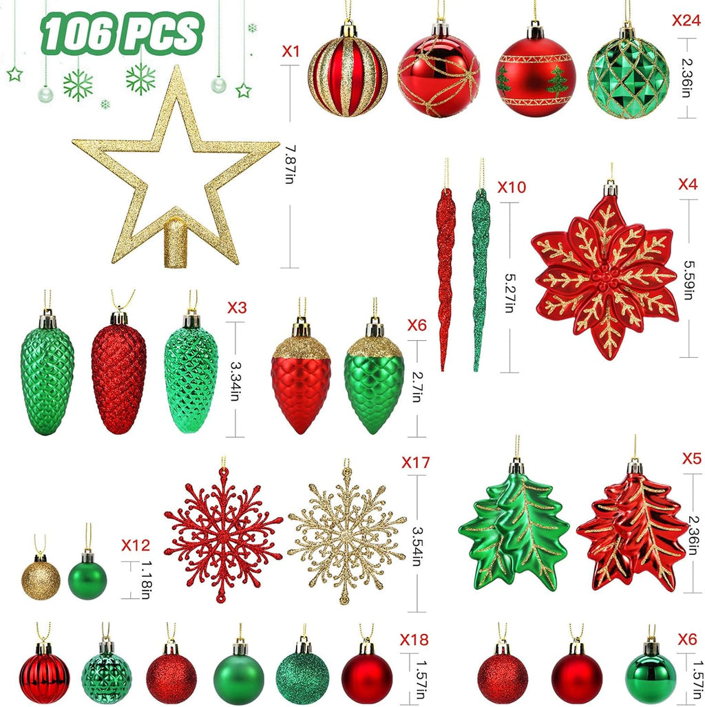 SHareconn 106PCS Christmas Balls Ornaments Set, Colorful Shatterproof Plastic Decorative Baubles for Xmas Tree Decor Holiday Wedding Party Decoration with Hanging Hooks, Red & Green Gold