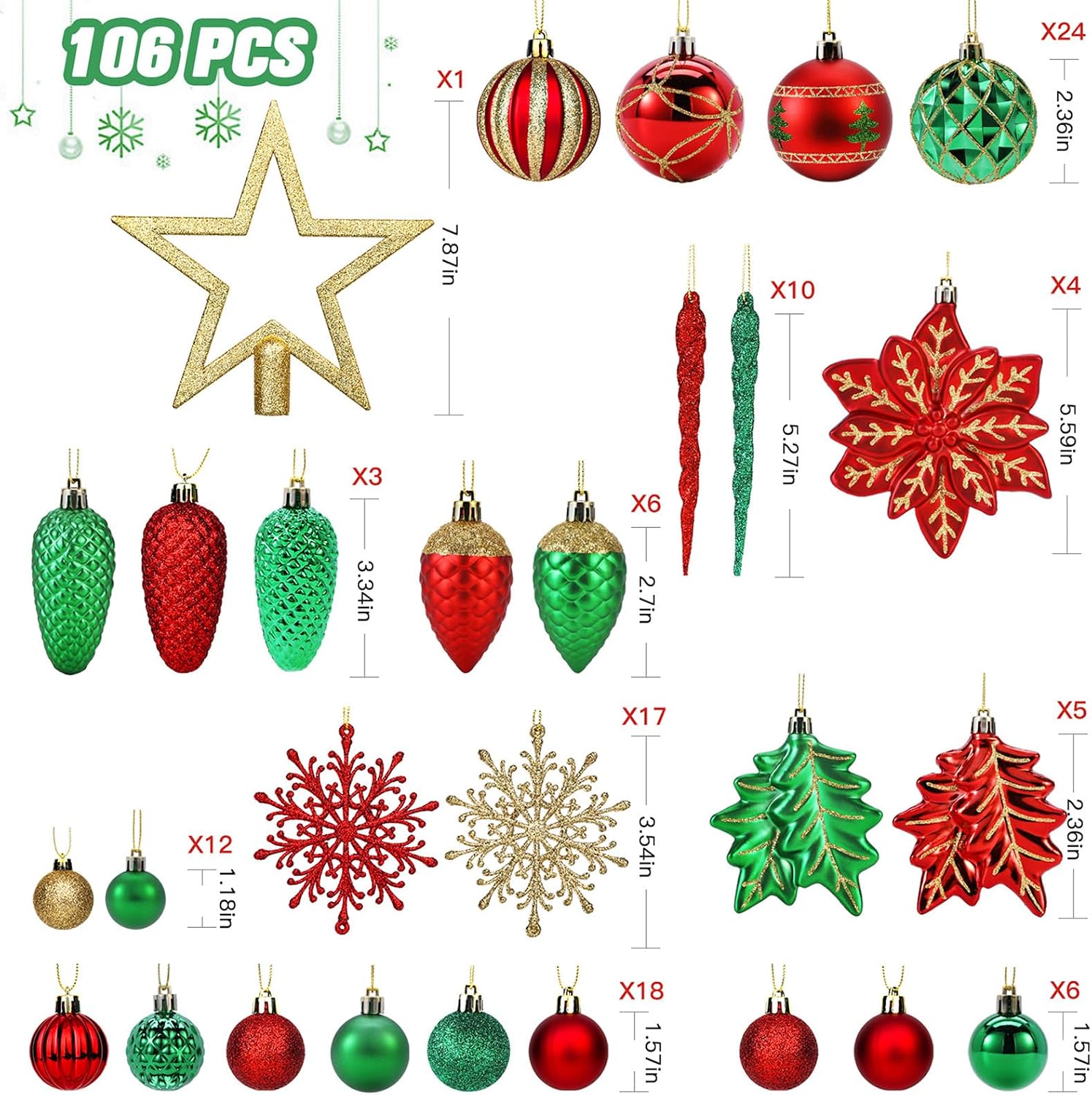 SHareconn 106PCS Christmas Balls Ornaments Set, Colorful Shatterproof Plastic Decorative Baubles for Xmas Tree Decor Holiday Wedding Party Decoration with Hanging Hooks, Red & Green Gold