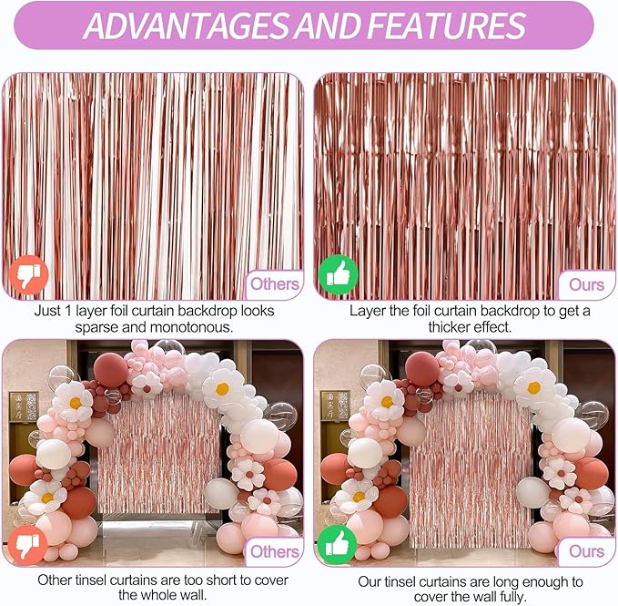 Crosize 8 Pack 3.3 x 9.9 ft Rose Gold Foil Fringe Curtains Party Decorations, Rose Gold Tinsel Curtain Backdrop for Parties, Door Streamers, Glitter Streamer Backdrop for Birthday Decoration