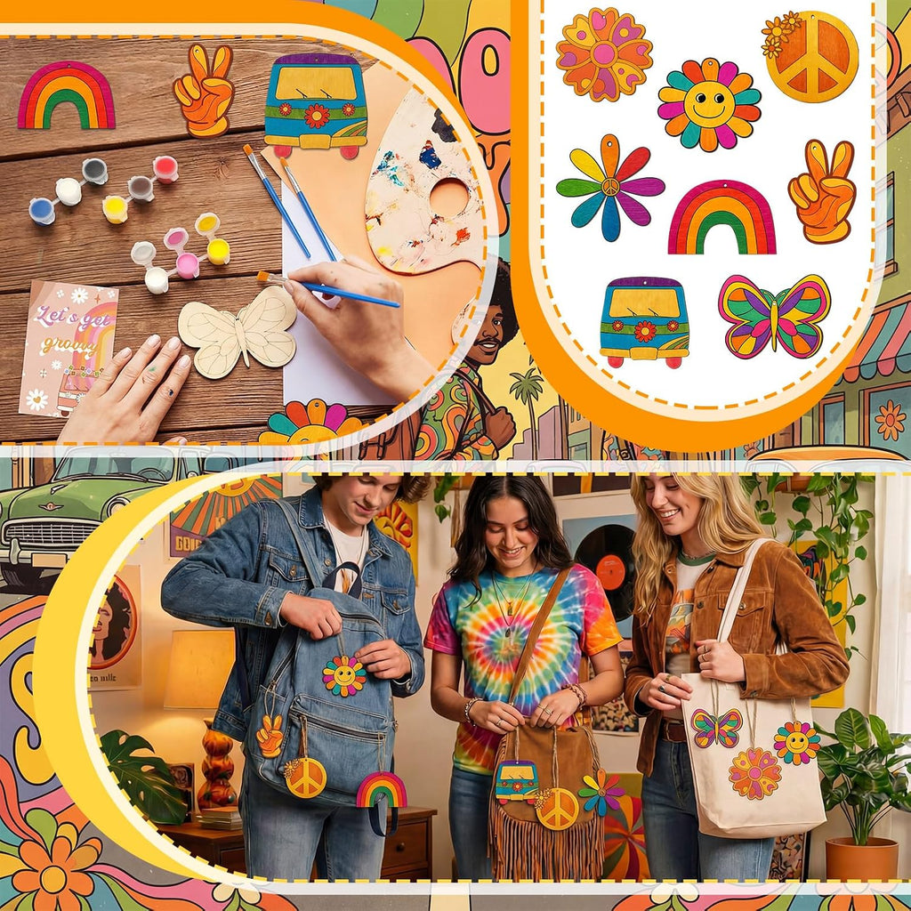 Saypacck 24 Pcs Groovy Boho Hippie Party Favors Wooden Painting Craft Kits Birthday Party Supplies with Organza Bag for Goodie Bags Fillers Adult Thank You Gifts