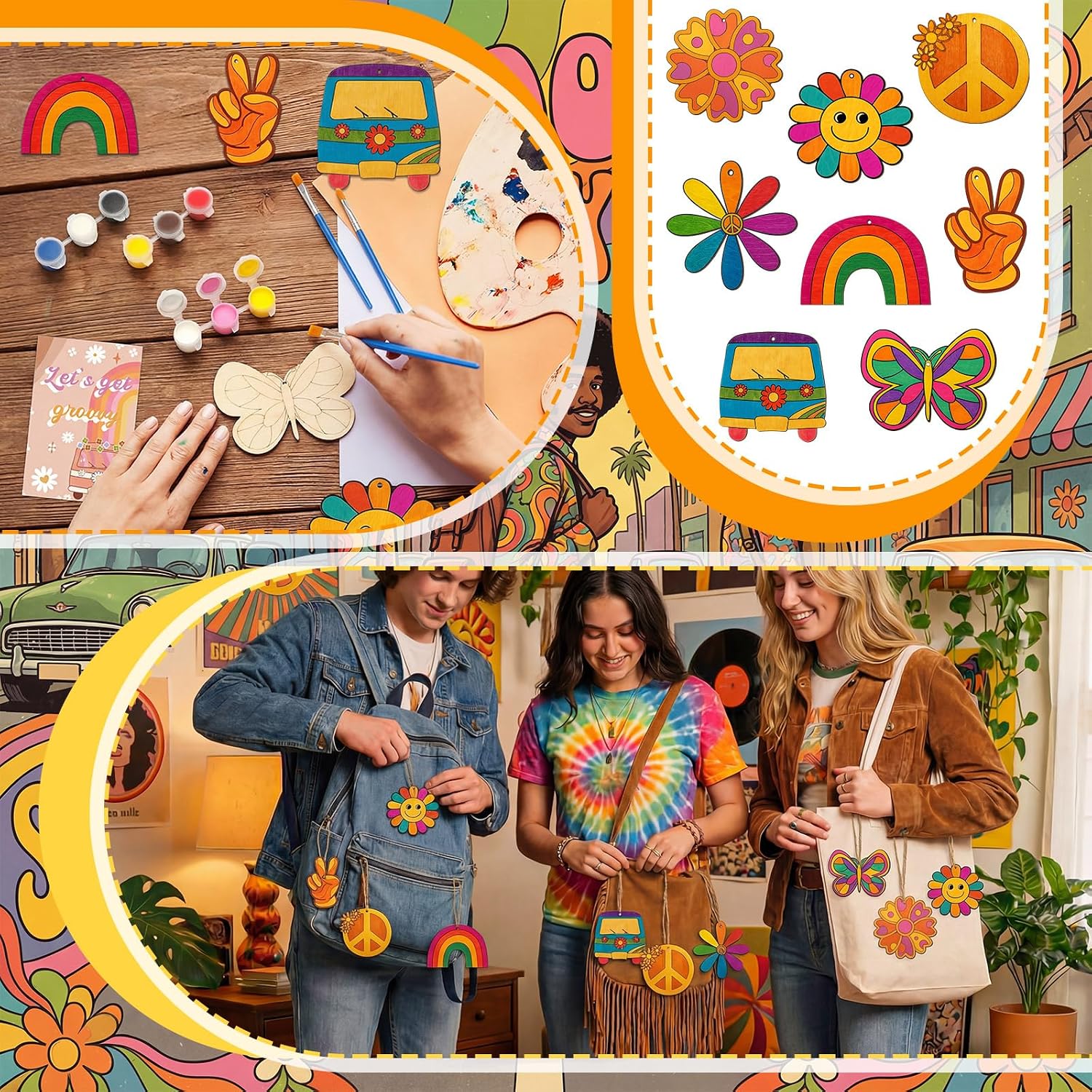 Saypacck 24 Pcs Groovy Boho Hippie Party Favors Wooden Painting Craft Kits Birthday Party Supplies with Organza Bag for Goodie Bags Fillers Adult Thank You Gifts
