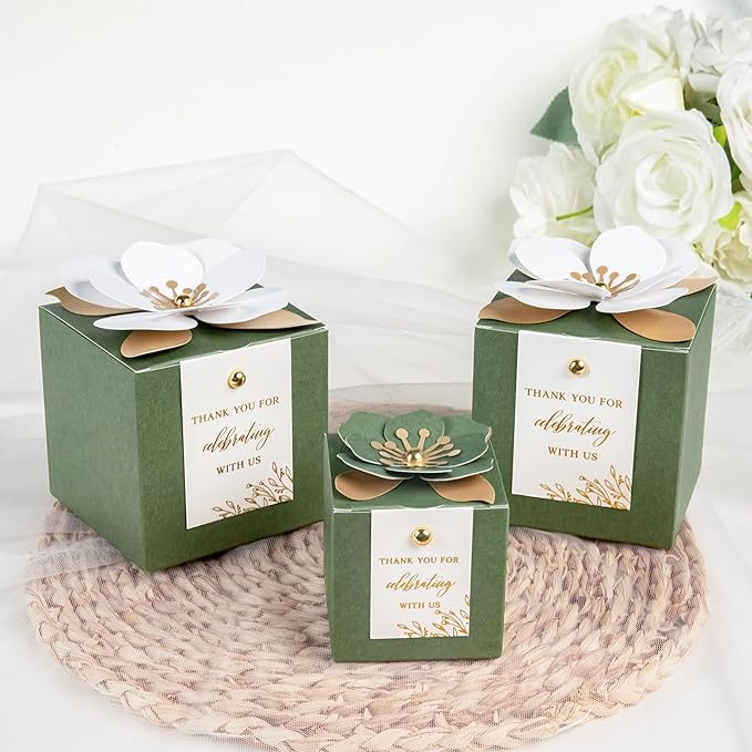 FEIYI 20 PCS Gift Boxes, 3 In 1 Olive Green Favor Boxes with Floral Decor, White Thank You Tags Cupcake Containers Gift wrapping for Wedding, Baby Shower, Birthday, Decorations Party - 3.55x3.55x3.55