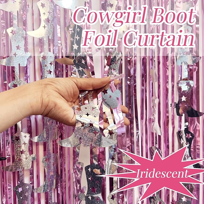 4 Pcs Cowgirl Party Decorations - 2 Boot Silver Metallic Tinsel Fringe Curtains & 2 Candy Pink Backdrops for Birthday Supplies Last Rodeo Bachelorette Wedding Disco Decor