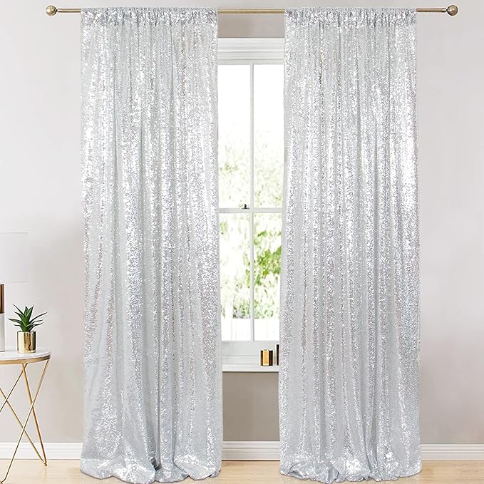 ShinyBeauty Sequin Curtains 4 Panels Silver Sequin Backdrop Photograph Backdrops Shimmer Background for Birthday Party New Year Decor Sparkle Fabric Gray Curtain (2FTx8FT)