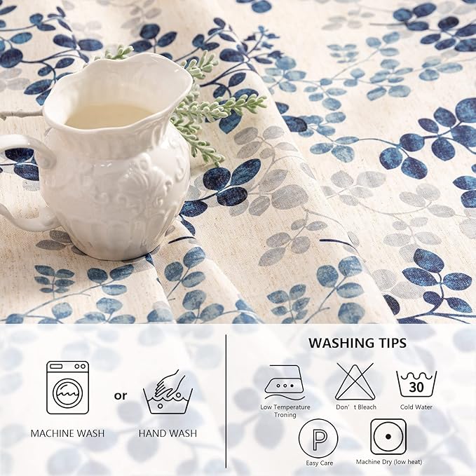 MYSKY HOME Floral Print Rectangle Tablecloth Waterproof Rectangular Table Cloth Linen Farmhouse Tablecloths for Kitchen Dining Spring Leaves Tablecloth for 4 Feet Table，60 x 84 Inches, Blue