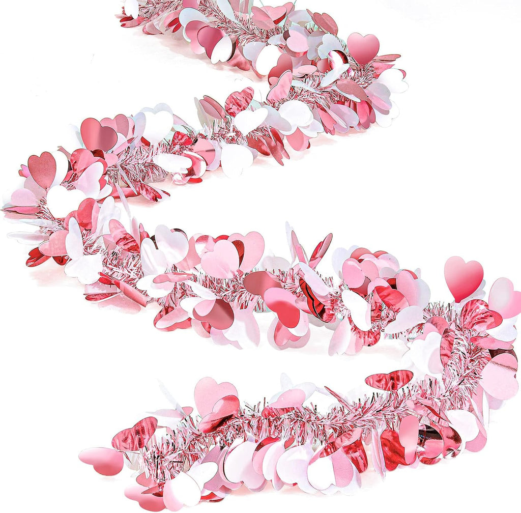 MTLEE 4 Pieces Valentine Tree Decorations Valentines Garland Shiny Heart Tinsel 6.56 Feet Each Metallic Tinsel Twist Garland for Mantle Tree Ornaments Wreath Wedding Party (Pink)