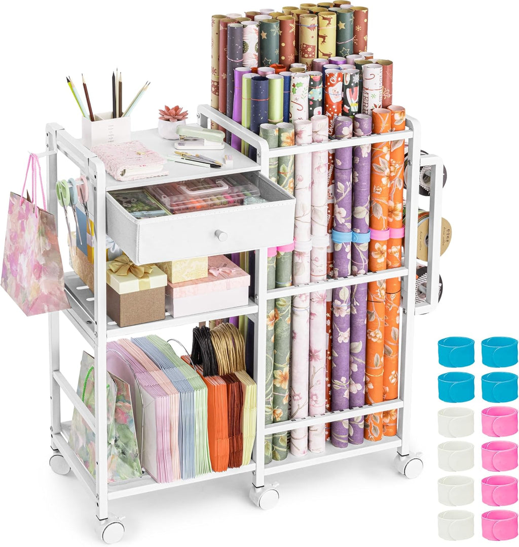 Aquzee Wrapping Paper Storage, Rolling Gift Wrap Station, 9 Adjustable Rod Design, Vertical Wrapping Paper Storage Cart, Ribbon Organizers and Gift Bag Storage, 12 PCS Slap Bands, White