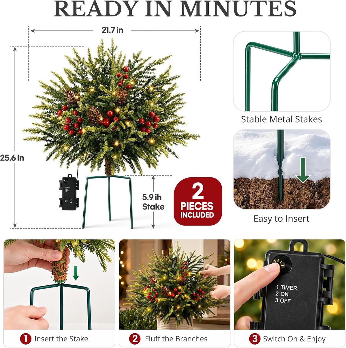 25.5 inch outdoor lighted christmas trees, yard holiday, close-up detail