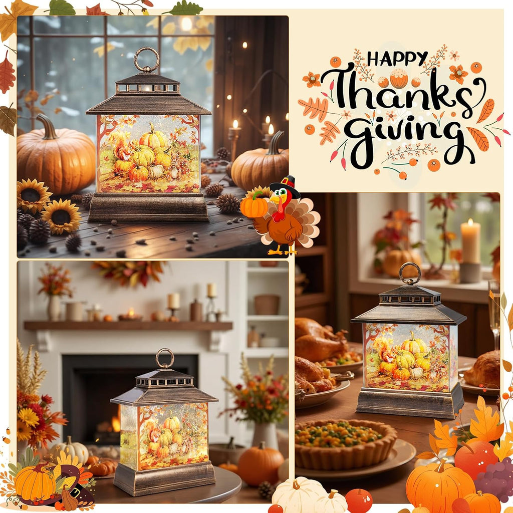 Fall Snow Globe Lantern Thanksgiving Pumpkins and Squirrels Water Lantern with Swirling Glitter 6H Timer Remote Control Fall Decorations for Home Thanksgiving Autumn Harvest (Pumpkin and Squirrel)