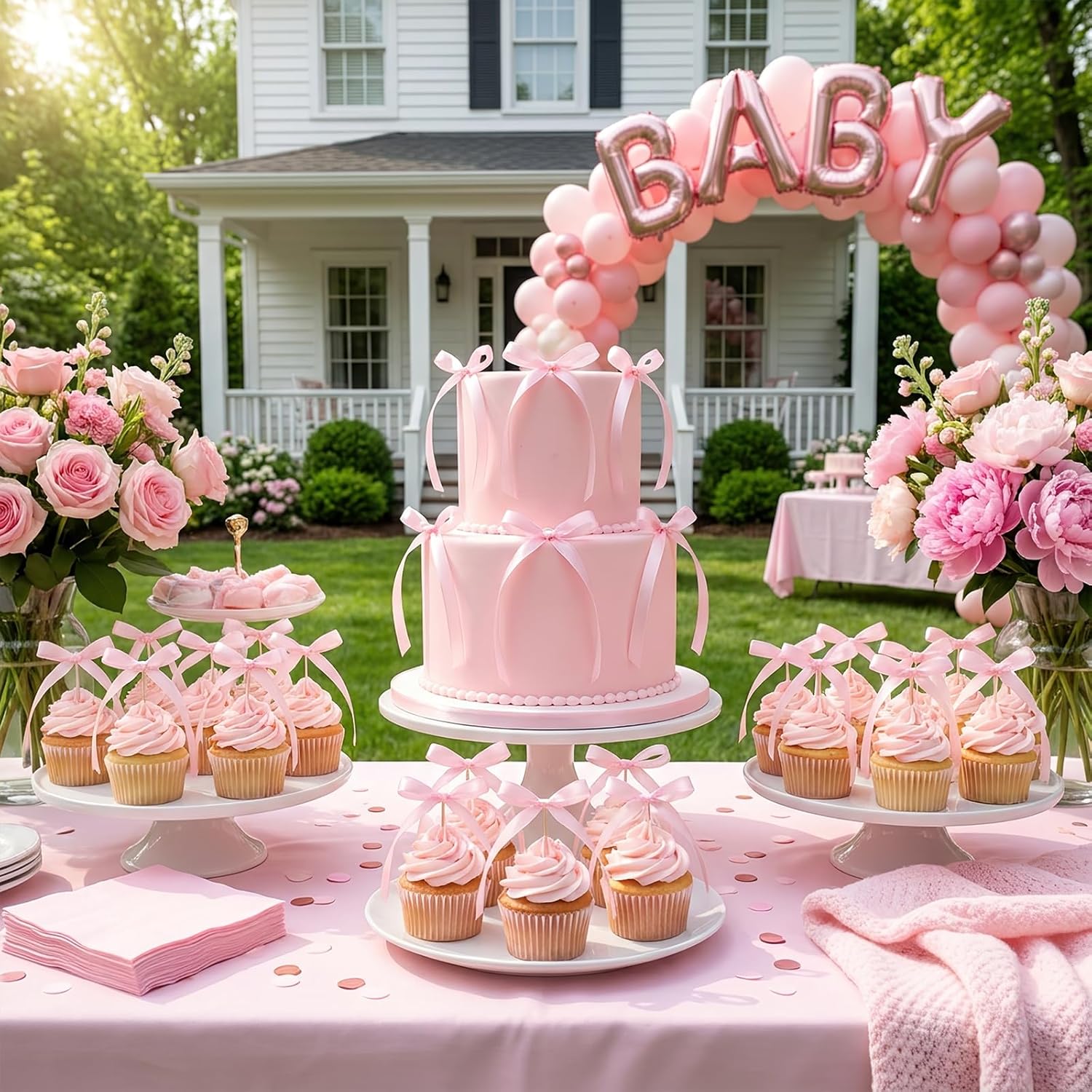 36 PCS Bow Cake Toppers Bow Cupcake Toppers, Light Pink Ribbon Bows for Cake Coquette Birthday Decor for Baby Shower, Bachelorette Events, Wedding Dessert Tables, Balloons and Walls