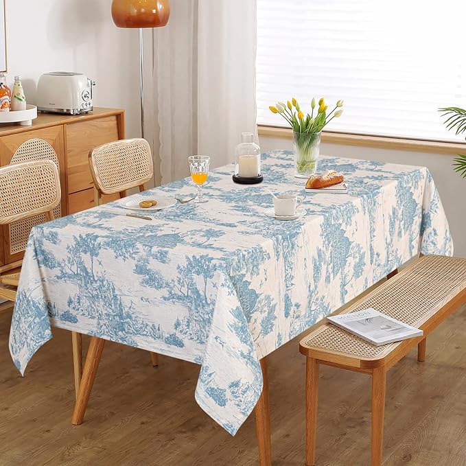 MYSKY HOME Linen Vintage Rectangle Tablecloth 60x120 Inches, Blue Castle Print Table Cloth for Dining Table I Tabletop I Parties/Outdoor I Spring/Summer Waterproof Fabric Farmhouse Tablecloth