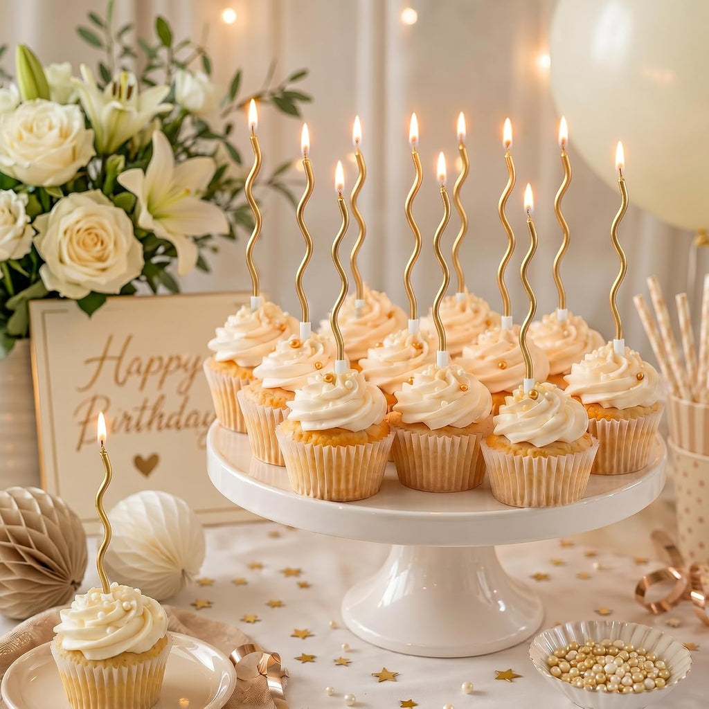 BBTO 12 Pcs Twisted Birthday Candles Spiral Metallic Cupcake Thin Long Cake Candles with Holders for Cake Topper Birthday Wedding Party Anniversary Decor(Gold)