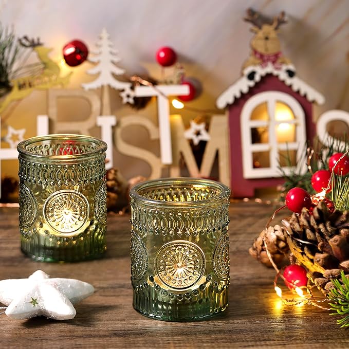 DARJEN Green Votive Candle Holders Set of 36- Glass Candle Holders Bulk for Flameless LED Tea Waxes, Tea Light Candle Holder for Wedding & Home Table Decor, Vintage Parties Gifts