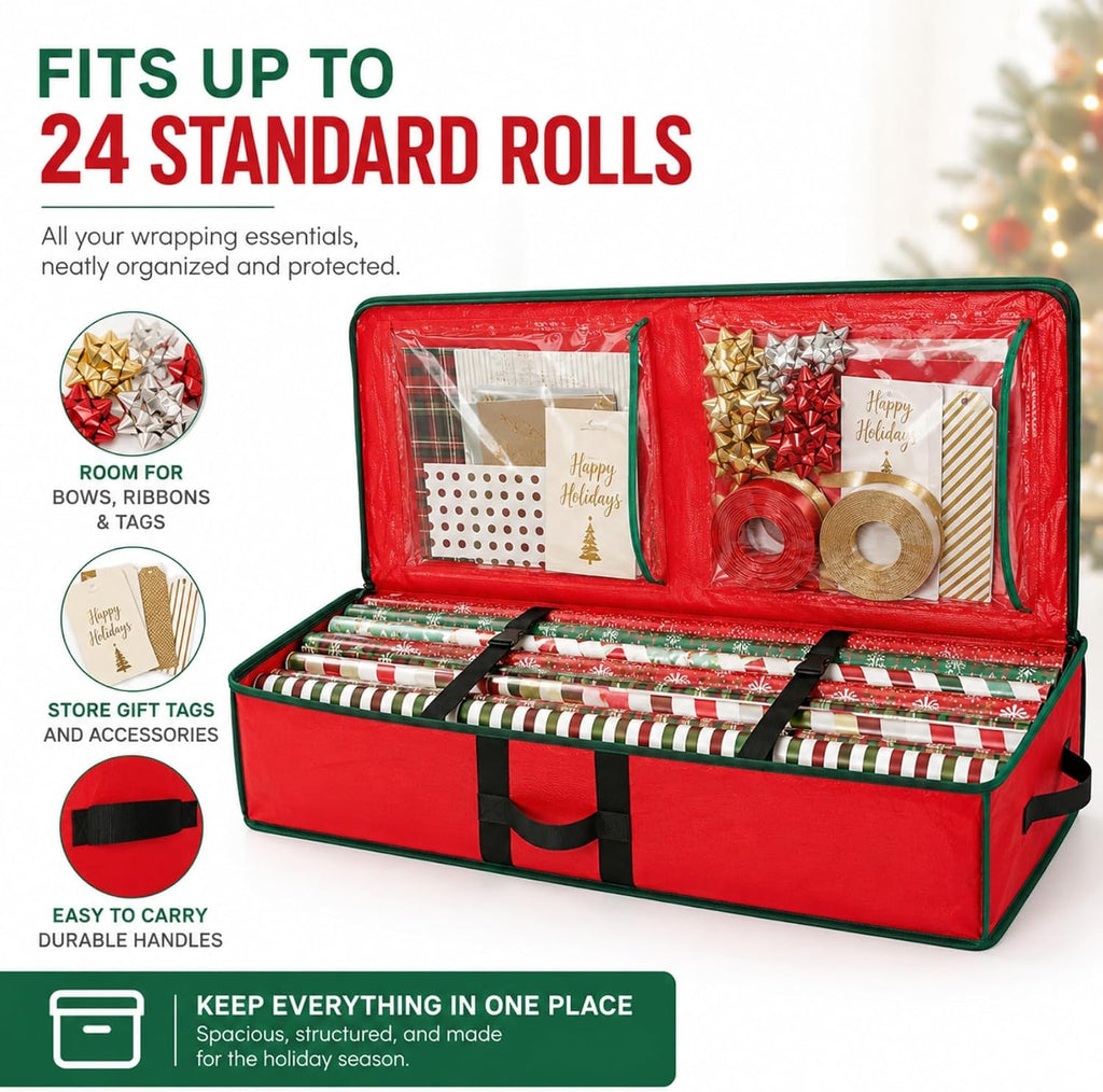 Gift Wrapping Paper Organizer Storage Bag, Wrapping Paper Storage Container Fits Up to 24 Rolls, Waterproof Holiday Gift Wrap Holder with Interior Pockets for Bows, Ribbons & Tags(104×36×16cm) (Red)