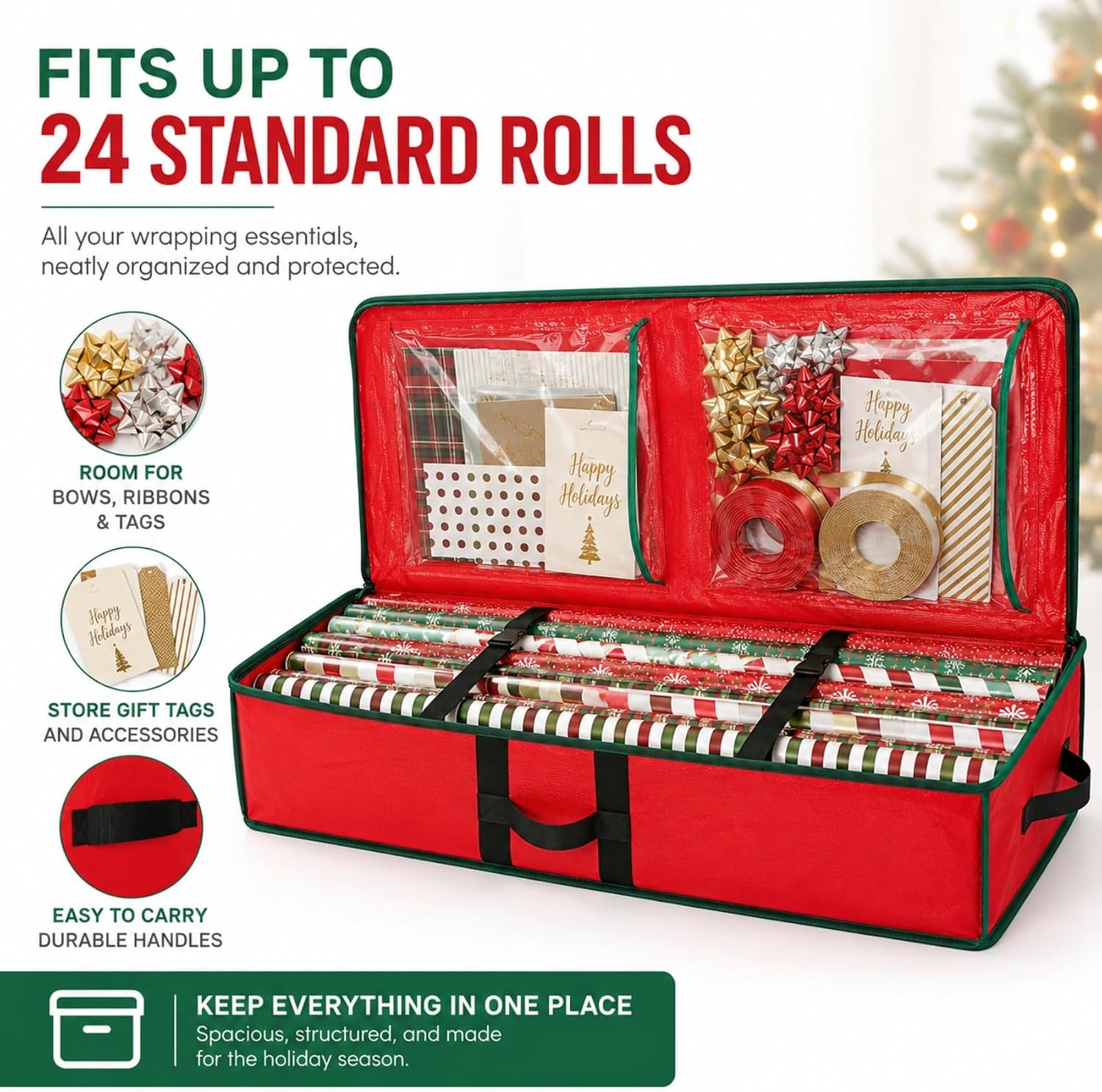 Gift Wrapping Paper Organizer Storage Bag, Wrapping Paper Storage Container Fits Up to 24 Rolls, Waterproof Holiday Gift Wrap Holder with Interior Pockets for Bows, Ribbons & Tags(104×36×16cm) (Red)