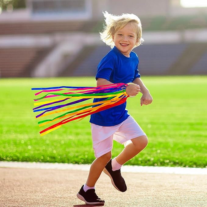 24Pcs Rainbow Ribbon Streamers Waldorf Toys Creative Waldorf Hand Kite Set Streamers with Wood Ring Sensory Learning Educational Toy for Playroom Dancing Birthday (Rainbow Colors)