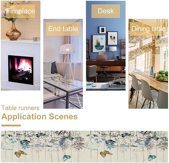 Nature Dandelion Table Runner,Rustic Floral Wood Plank Butterfly Girl Women Pattern Print Burlap Tablecloth for Hotel Indoors Outdoor Dining Room Kitchen Table Decor, 13x80in