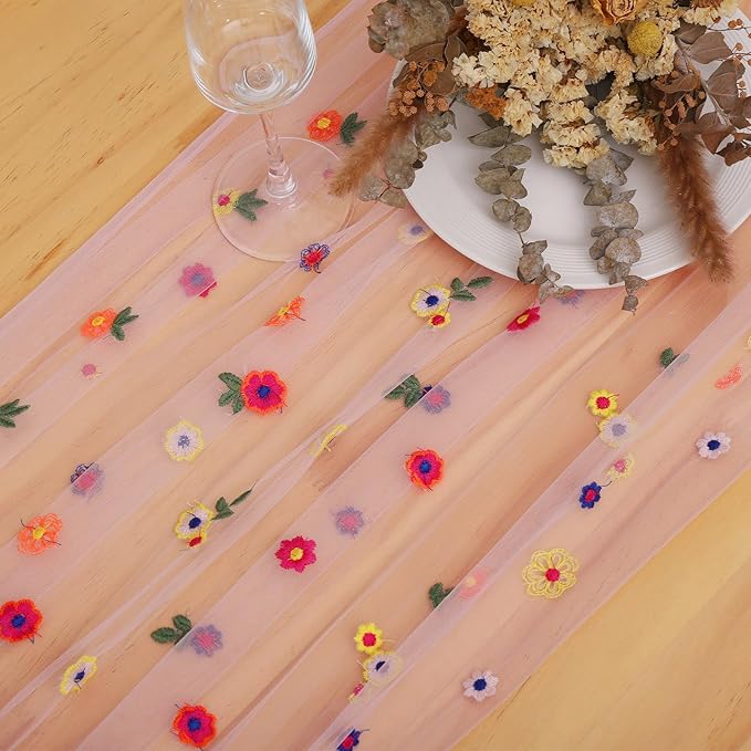 BINBE 3pcs Pink Daisy Fall Table Runner Embroidery Gauze 10FT Florals Seasonal Tulle Holiday Birthday Kitchen Dining Table Decor for Home Party