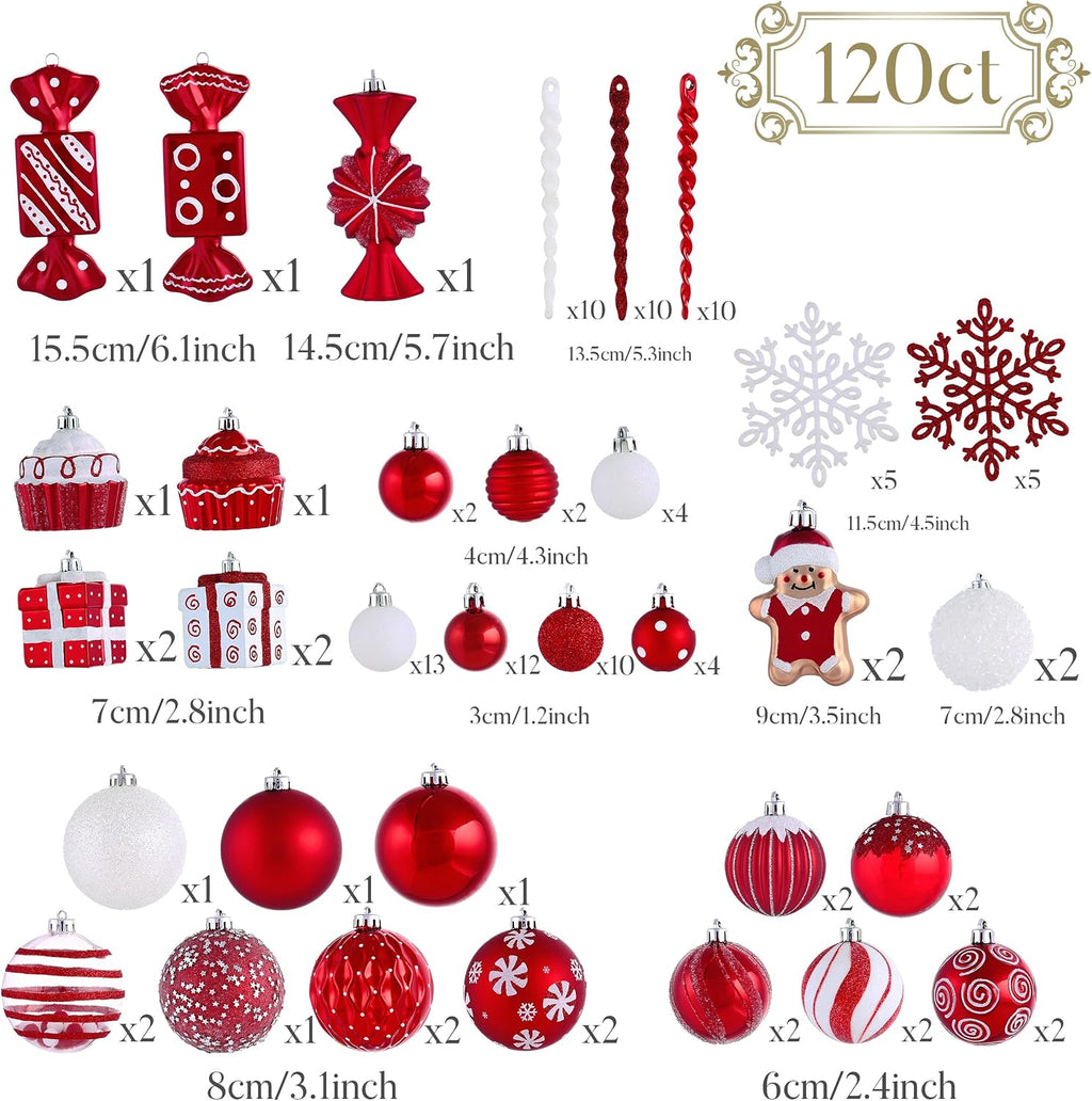 Valery Madelyn Christmas Ornaments Set, 120ct Candy Cane Red and White Shatterproof Christmas Tree Decorations Set, Variety Decorative Hanging Ball Ornaments Bulk for Xmas Holiday Party Decor
