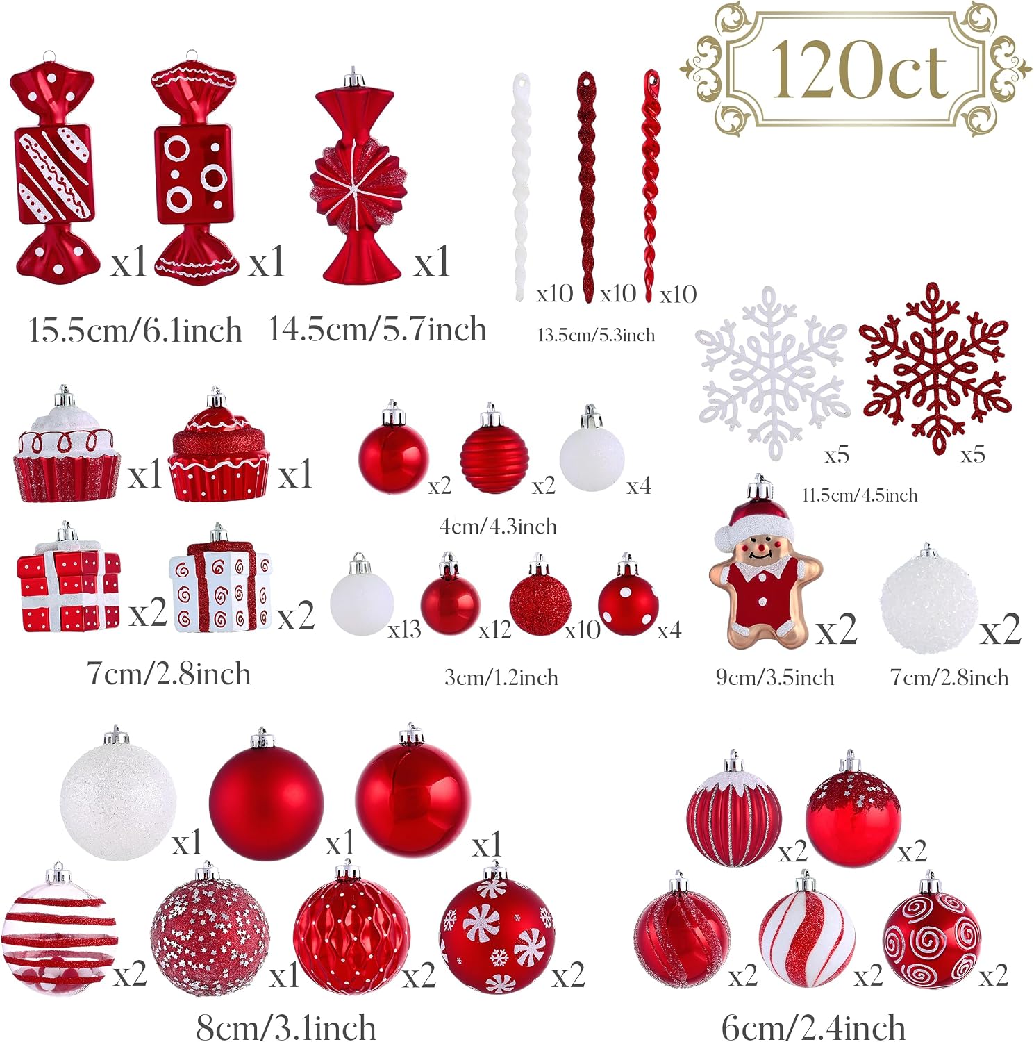 Valery Madelyn Christmas Ornaments Set, 120ct Candy Cane Red and White Shatterproof Christmas Tree Decorations Set, Variety Decorative Hanging Ball Ornaments Bulk for Xmas Holiday Party Decor