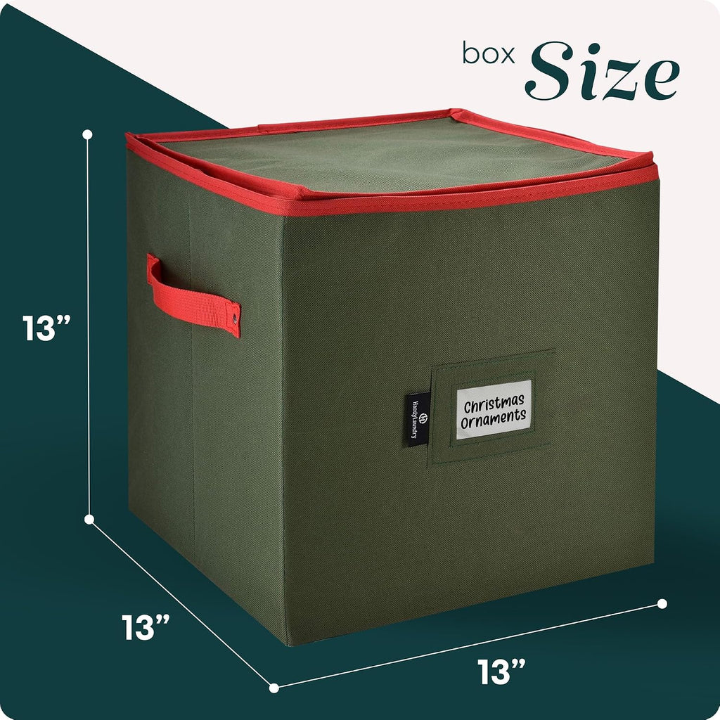 Handy Laundry, Christmas Ornament Storage, Stores up to 64 Holiday Ornament, Adjustable Dividers, Zippered Top, Two Handles Attractive Storage Box Keeps Decorations Clean & Dry for Next Season, Green
