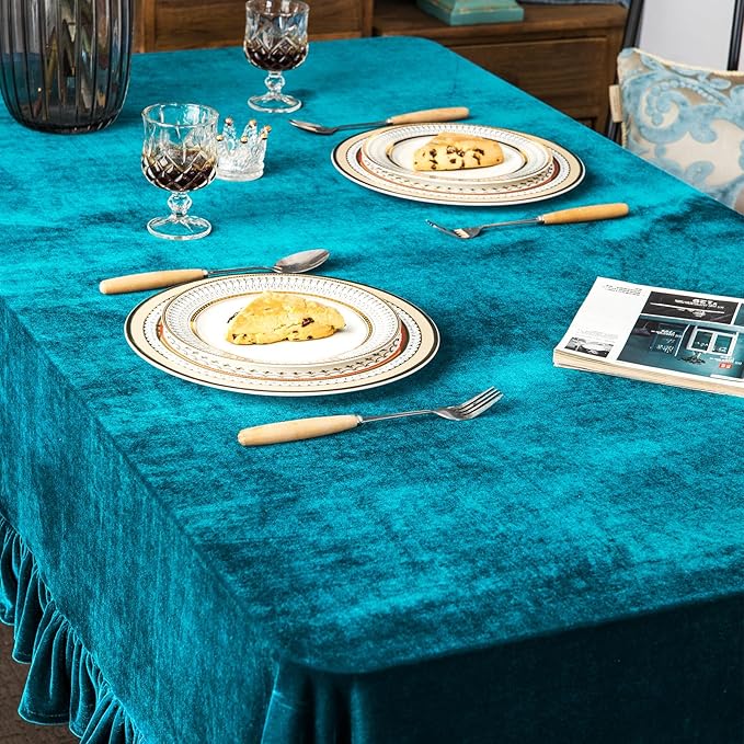 Velvet Tablecloth Luxurious Solid Rectangle Table Cloth,Oblong Retro Farmhouse Ruffle Tablecloths Washable Table Cover for Party Wedding Baby Shower Kitchen Dinning Tabletop Decoration