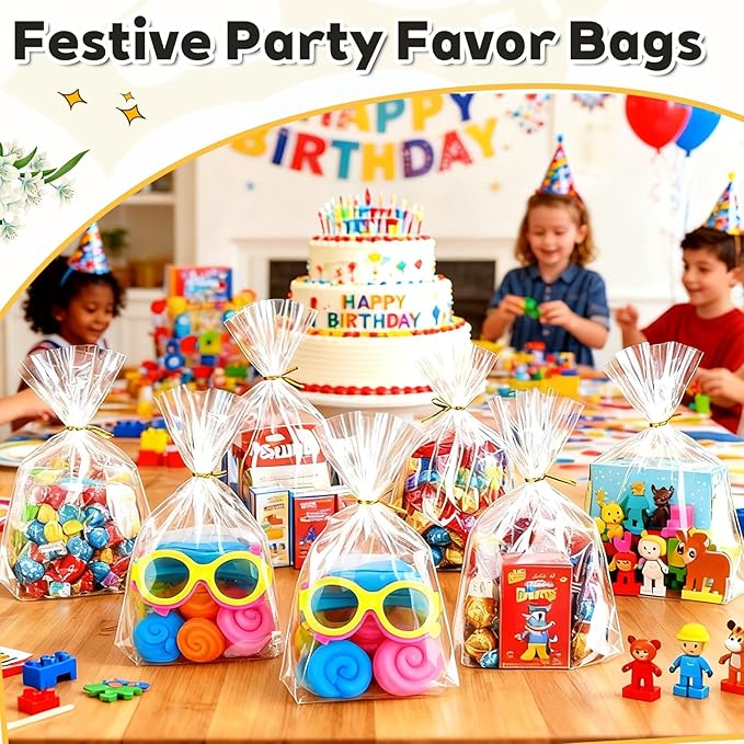 PigPotParty Cellophane Bags 8"x11", 50 Pack Clear Gift Bags, 3.15" Bottom Gusset for Stand-Up Display, Plastic Cellophane Gift Wrap, Ideal for Goodies, Treats, Party Favors, Mugs, Includes 50 Ties