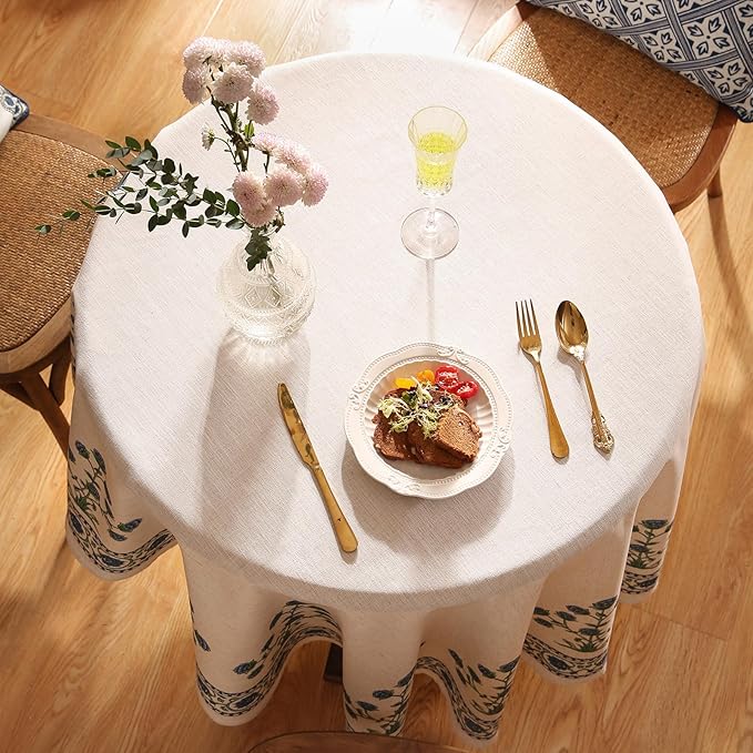 patdrea Designer Linen Blue Round Tablecloth,Vintage Leaves Pattern Floral Anti-Wrinkle Table Cloth,French Fall Dacorative Table Cover for Kitchen Dining,Thanksgiving,Party,Diameter 67"-Ivar B