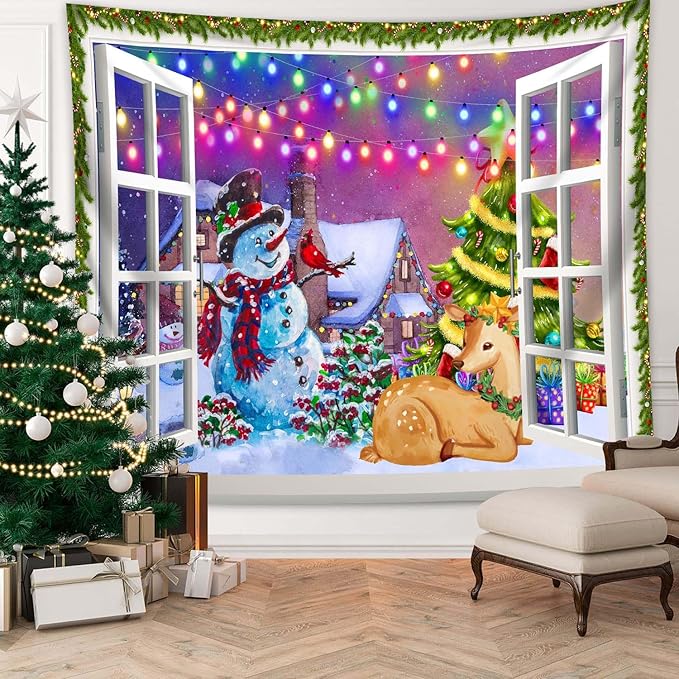 QGHOT Christmas Window Tapestry Wall Hanging, Christmas Backdrop Winter Window Wall Decor Xmas Snowman Deer Tapestries for Bedroom Living Room Dorm Holiday Party Decoration