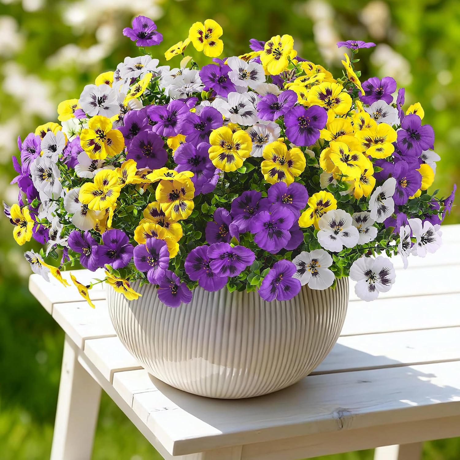 Alupssuc 24 Bundles Artificial Flowers for Outdoors Spring Decorations, Big Fake Flowers UV Resistant Realistic Pansies with Eucalyptus Silk Faux Flowers for Porch Yard, Yellow White CrimsonPurple