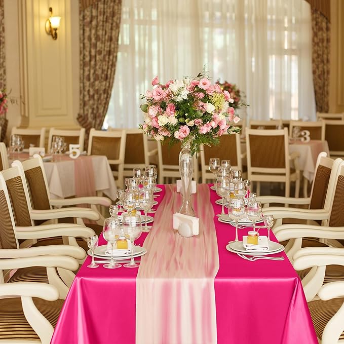 TURSTIN 1 Pack Hot Pink Satin Tablecloth 102 x 58 Inch Overlay Satin Table Cover Rectangle Bright Silk Tablecloth Smooth Fabric Table Decoration for Wedding Banquet Party Events