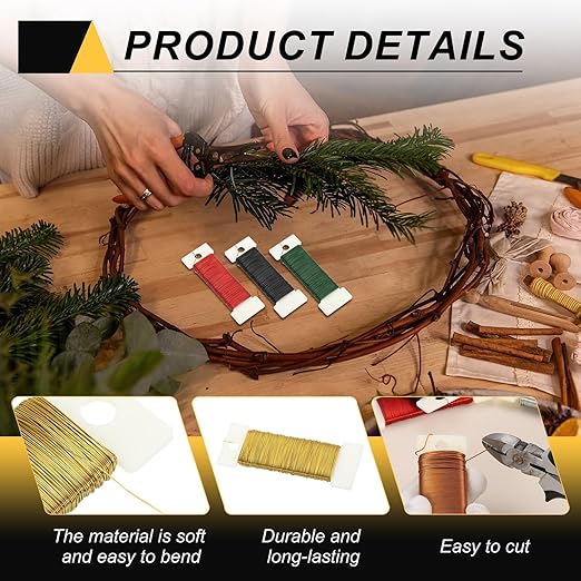 MECCANIXITY 114 Yards/345 Feet 27 Gauge Metal Floral Wire Gold Tone Flexible Paddle Thin Floral Wires for Craft, Christmas Wreath, Flower Arrangement, Wedding, Total 3 Roll