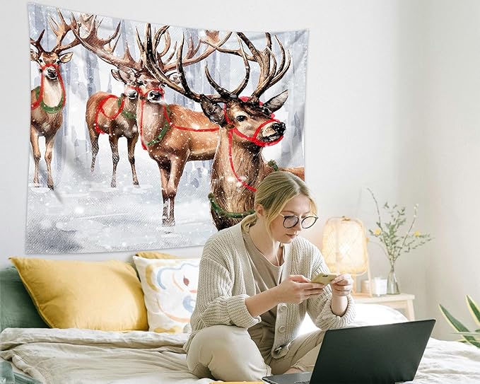 QGHOT Winter Tapestry Wall Hanging Winter Forest Backdrop Christmas Snowy Deer Wall Decor Snow Elk Tapestries for Bedroom Living Room Dorm Party Decoration, Large