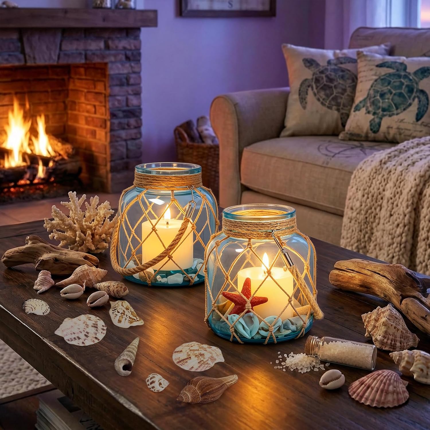 2 Set of Nautical Candle Lanterns, Coastal Beach Decor Blue Glass Jars with Rope Handle, Flameless LED Candles and Sea Shells for DIY Room Centerpiece Bathroom Ocean Decoration