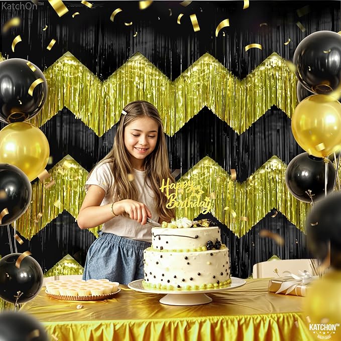 KatchOn, Black and Gold Fringe Backdrop Curtain - XtraLarge 6.6x1.7 Feet, Pack of 6 | Graduation Backdrop for Graduation Decorations 2025 | Fringe Curtain for Birthday Decorations | Prom Decorations