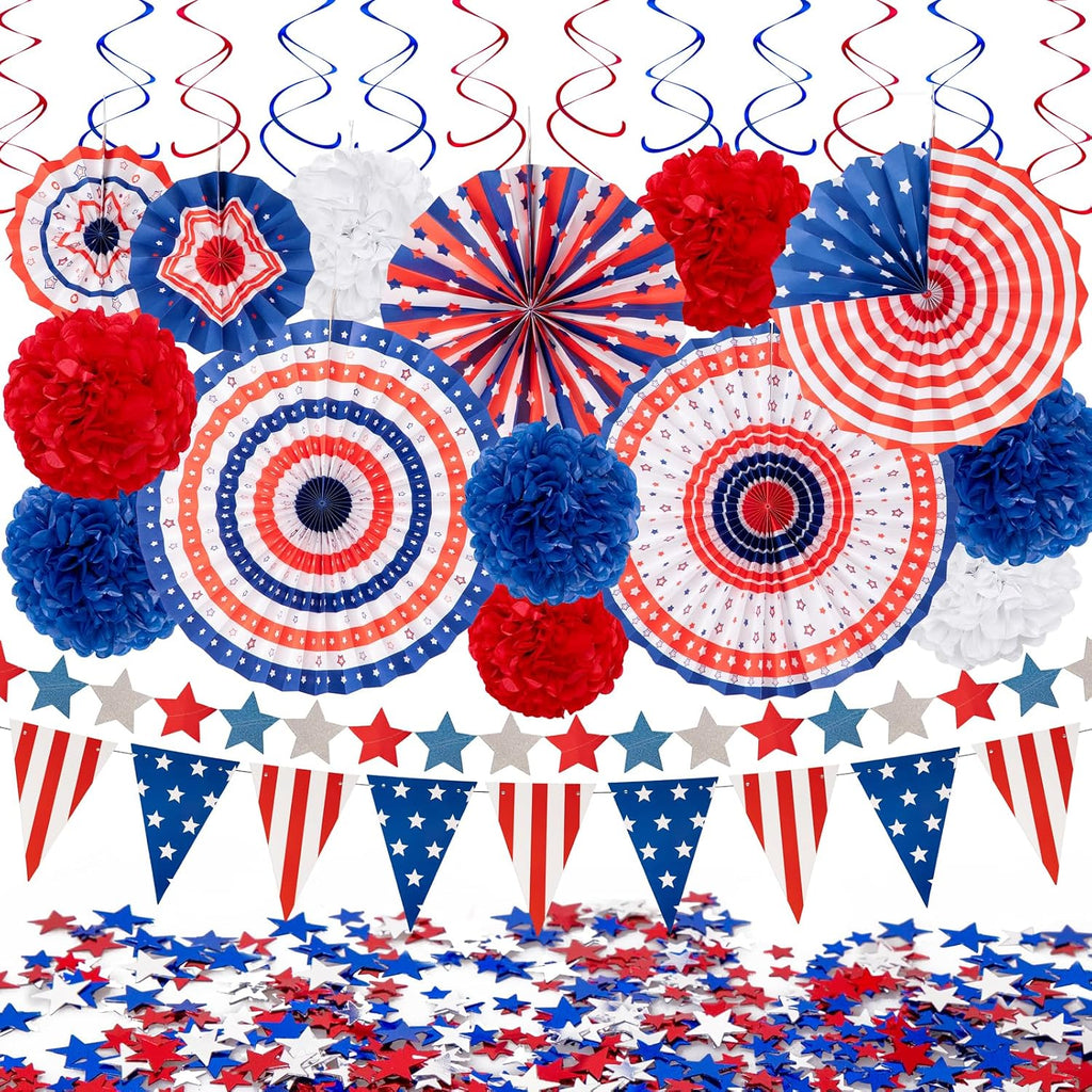 29PCS 4th/Fourth of July Patriotic Decorations Set | 250th Anniversary,Red White Blue Paper Fans,USA Flag Pennant,Star Streamer,Pom Poms,Hanging Swirls,Party Decor Supplies