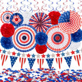 29PCS 4th/Fourth of July Patriotic Decorations Set | 250th Anniversary,Red White Blue Paper Fans,USA Flag Pennant,Star Streamer,Pom Poms,Hanging Swirls,Party Decor Supplies