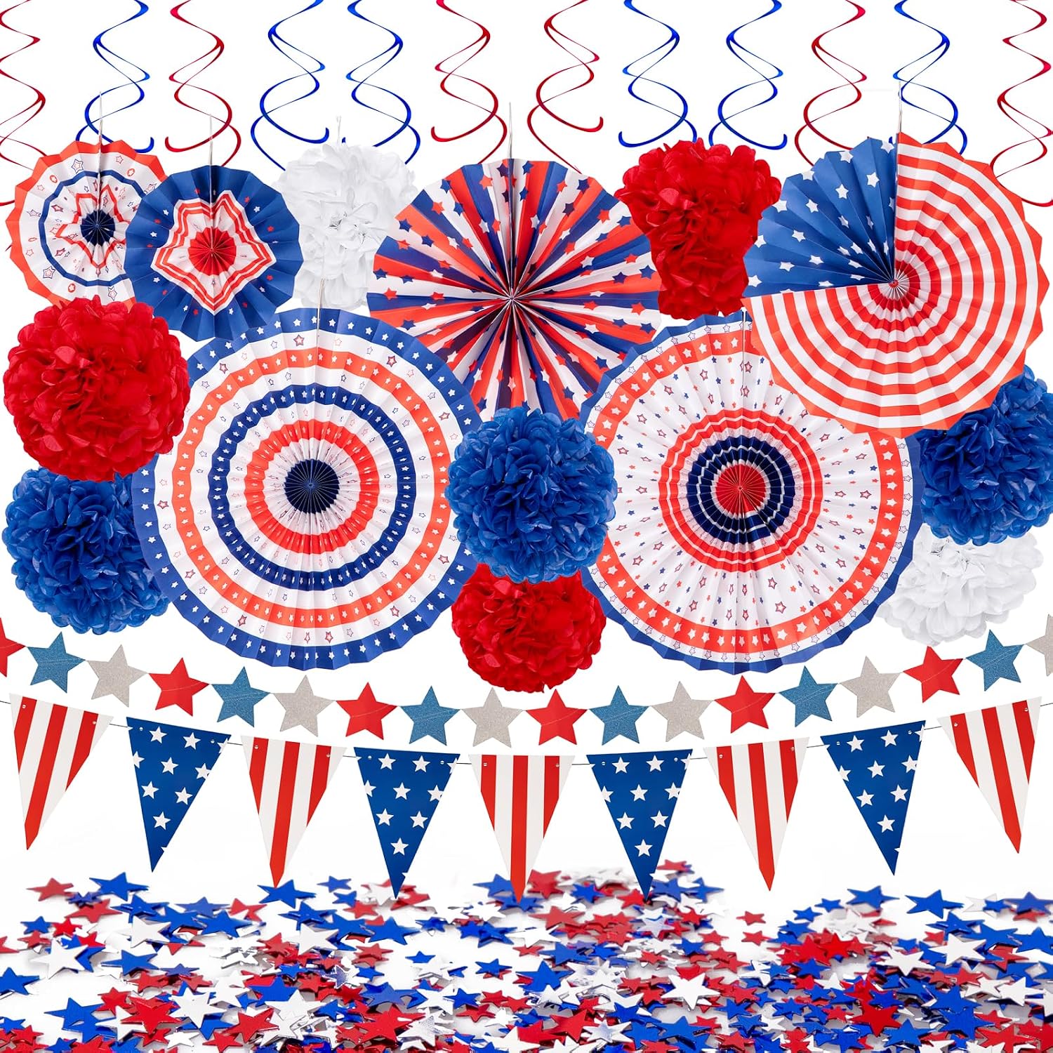 29PCS 4th/Fourth of July Patriotic Decorations Set | 250th Anniversary,Red White Blue Paper Fans,USA Flag Pennant,Star Streamer,Pom Poms,Hanging Swirls,Party Decor Supplies