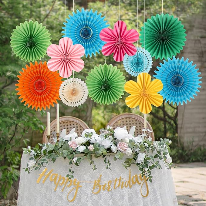 Colorful Birthday Party Decoration Paper Flower Hanging Decoration for Wall Happy Birthday Banner Paper Fans Deco for Tropical Hawaii Luna Birthday Party