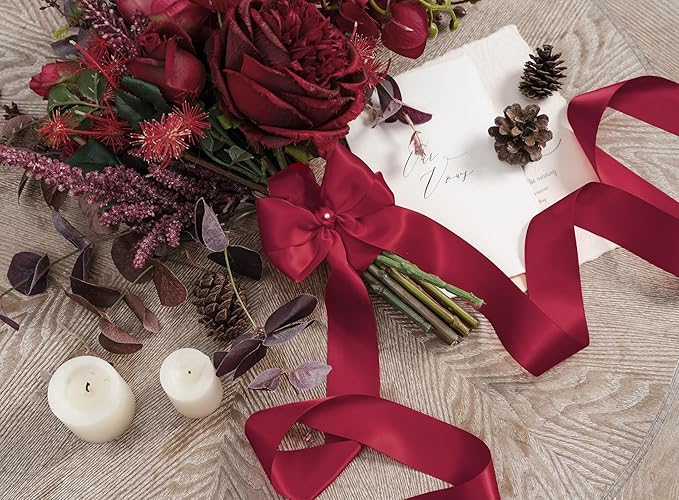 Burgundy Satin Ribbon 1-1/2 Inch x 50 Yards Double-Faced Ribbons for Christmas Gift Wrapping Flower Bouquet Wedding Paper Bows Invitations Crafts
